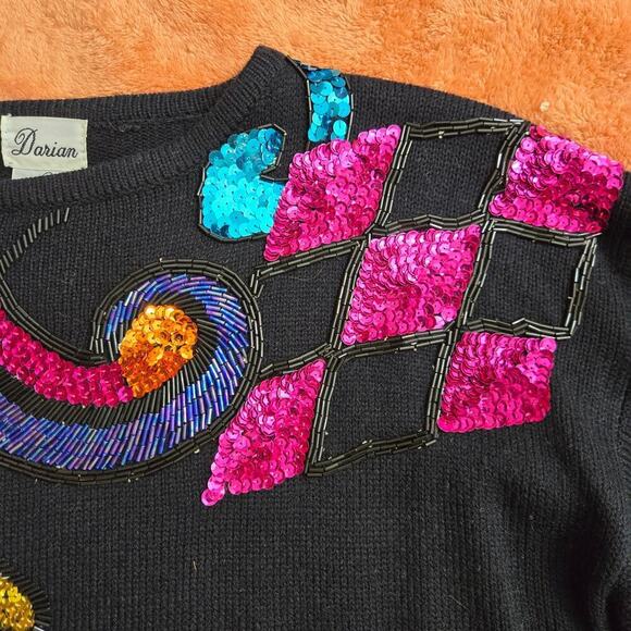 Darian Vintage 80s Black Knit Sequin Embellished Sweater Dress Sz M Avante Garde - Picture 8 of 12